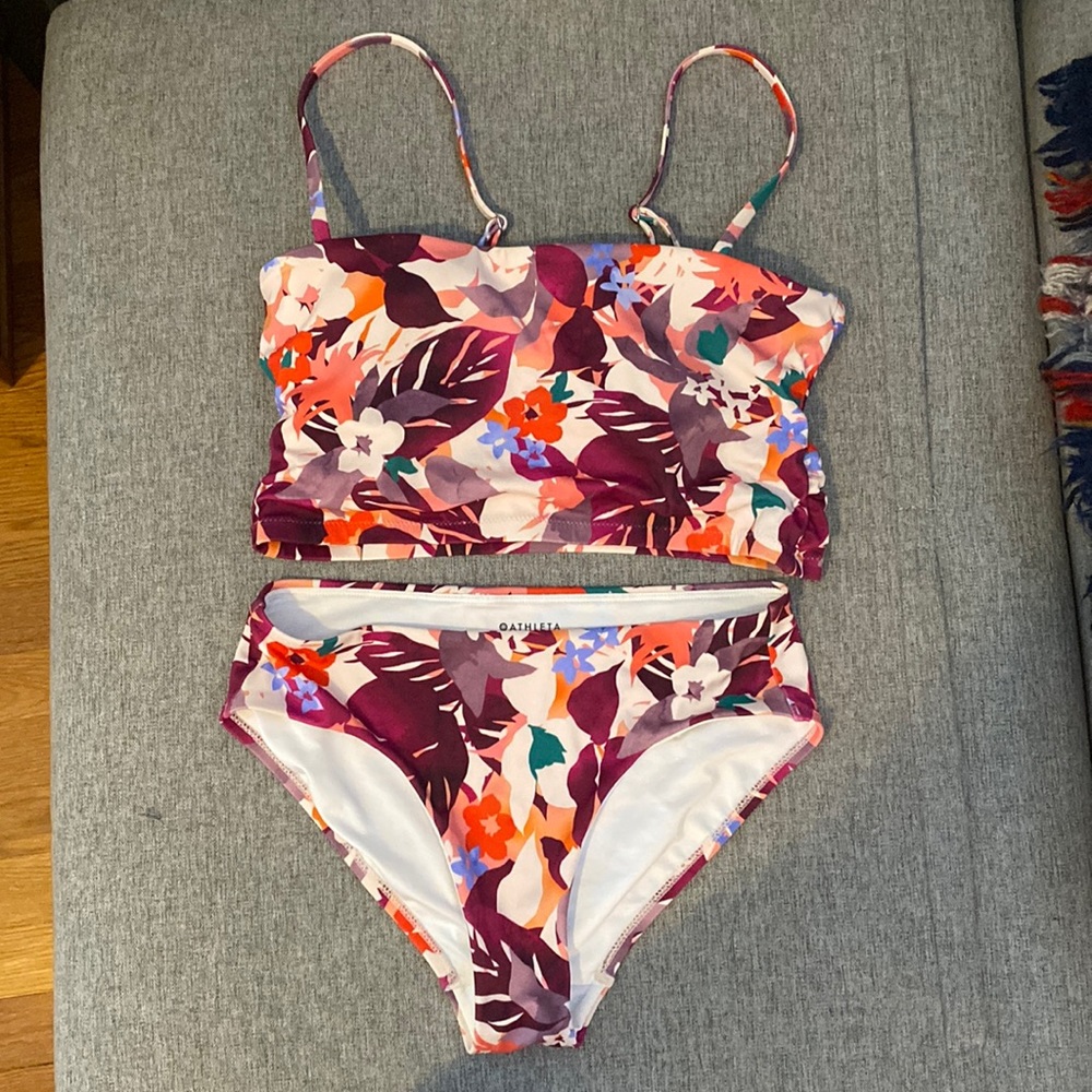 Athleta Floral Print High-Waist Bikini in Purple, Pink, Orange